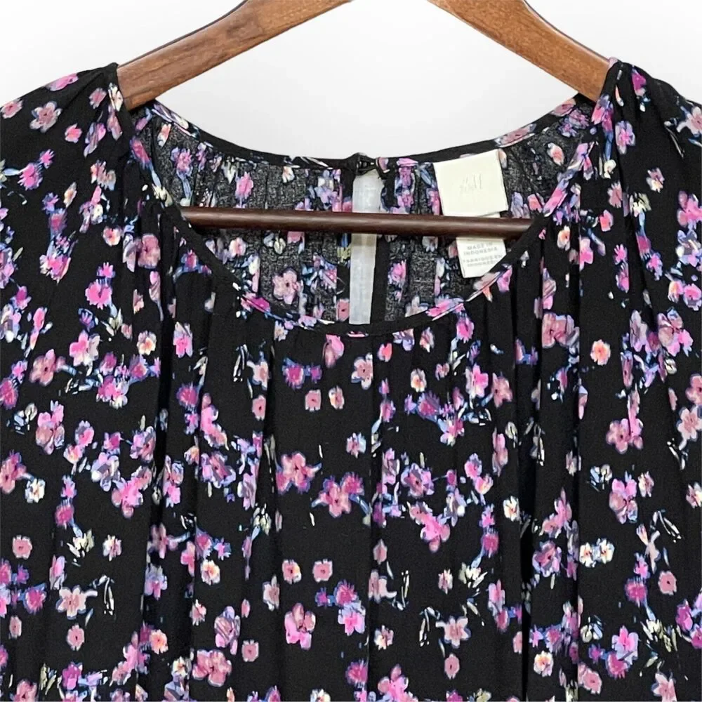 H&M Mini Dress Women Size XXL Black Floral Keyhole Viscose Half Puff Sleeve Boho - Picture 3 of 13